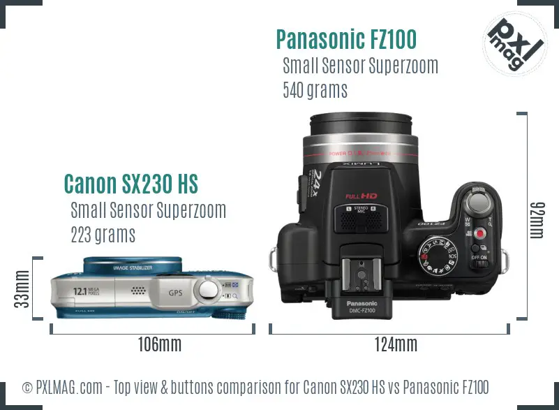 Canon SX230 HS vs Panasonic FZ100 top view buttons comparison