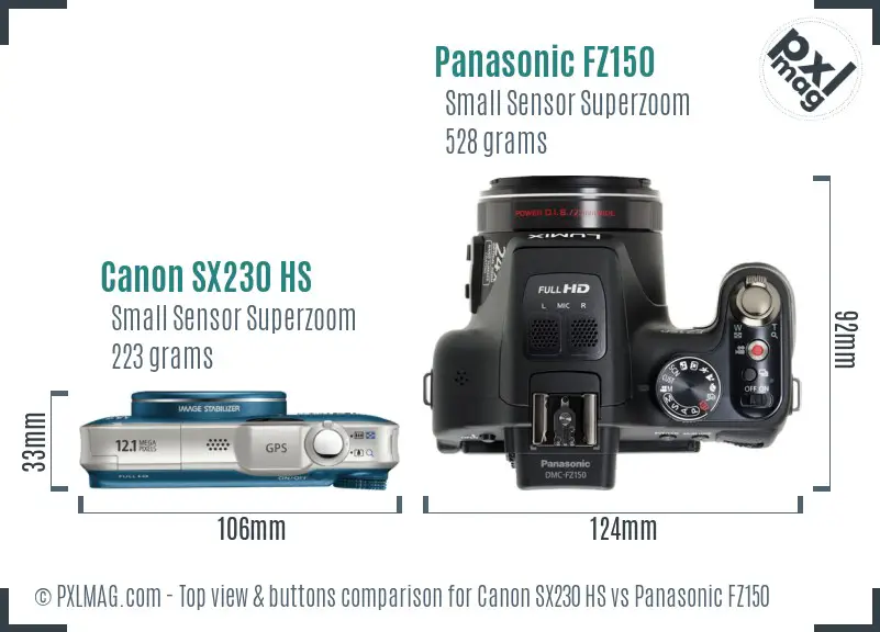 Canon SX230 HS vs Panasonic FZ150 top view buttons comparison
