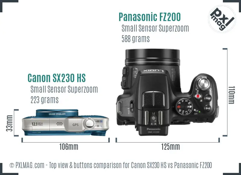 Canon SX230 HS vs Panasonic FZ200 top view buttons comparison