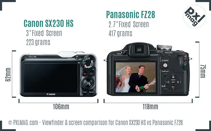 Canon SX230 HS vs Panasonic FZ28 Screen and Viewfinder comparison