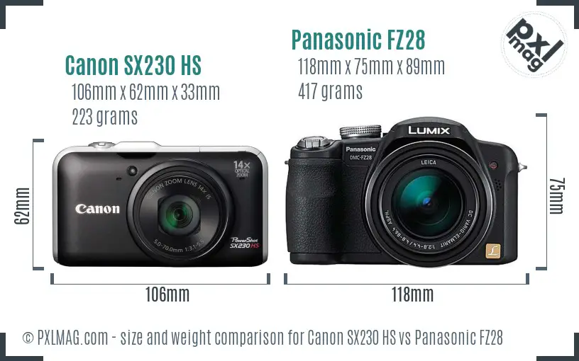 Canon SX230 HS vs Panasonic FZ28 size comparison