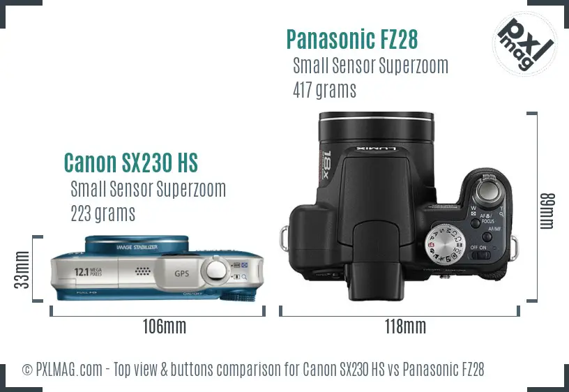Canon SX230 HS vs Panasonic FZ28 top view buttons comparison