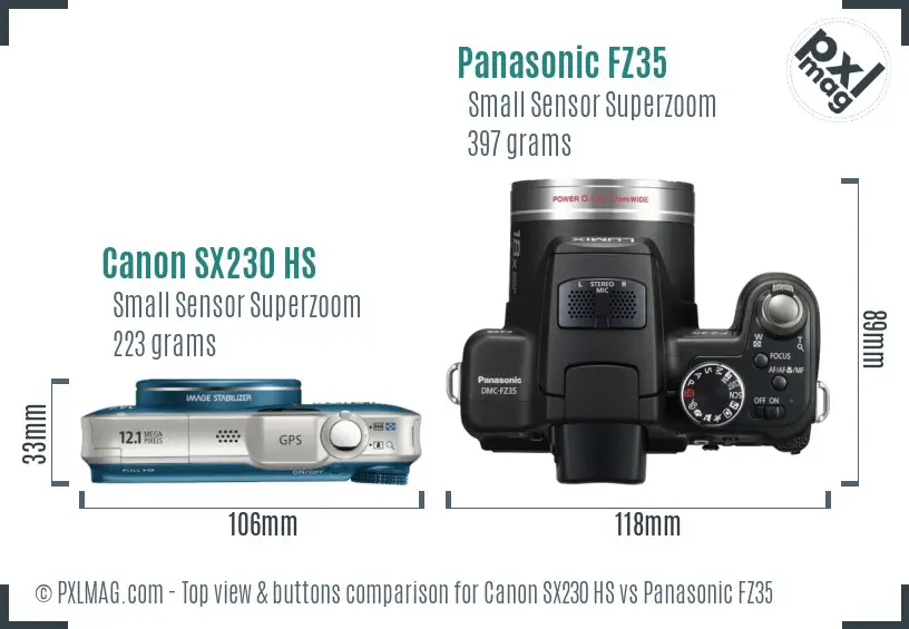 Canon SX230 HS vs Panasonic FZ35 top view buttons comparison