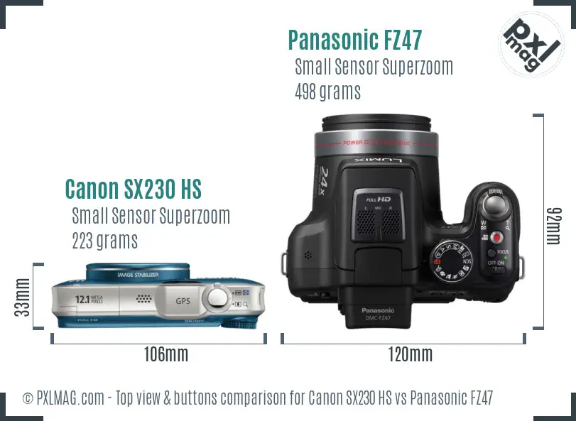 Canon SX230 HS vs Panasonic FZ47 top view buttons comparison