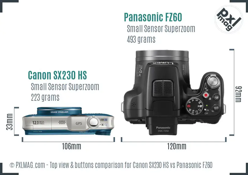 Canon SX230 HS vs Panasonic FZ60 top view buttons comparison