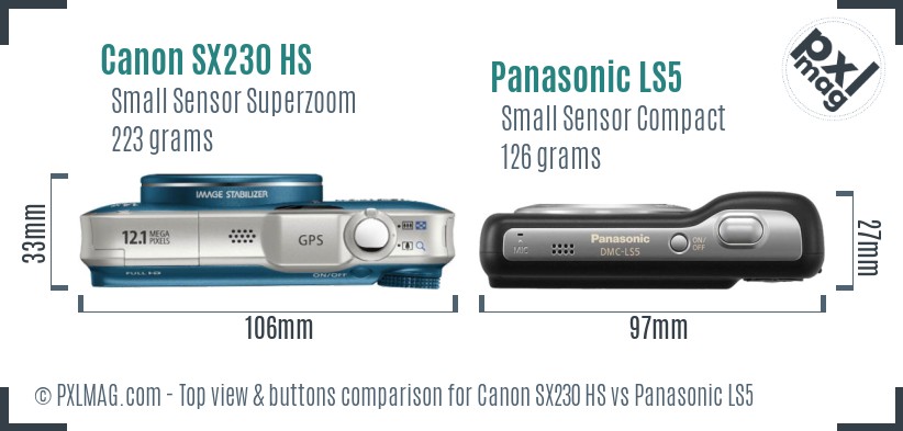 Canon SX230 HS vs Panasonic LS5 top view buttons comparison