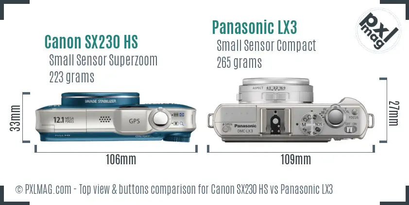 Canon SX230 HS vs Panasonic LX3 top view buttons comparison