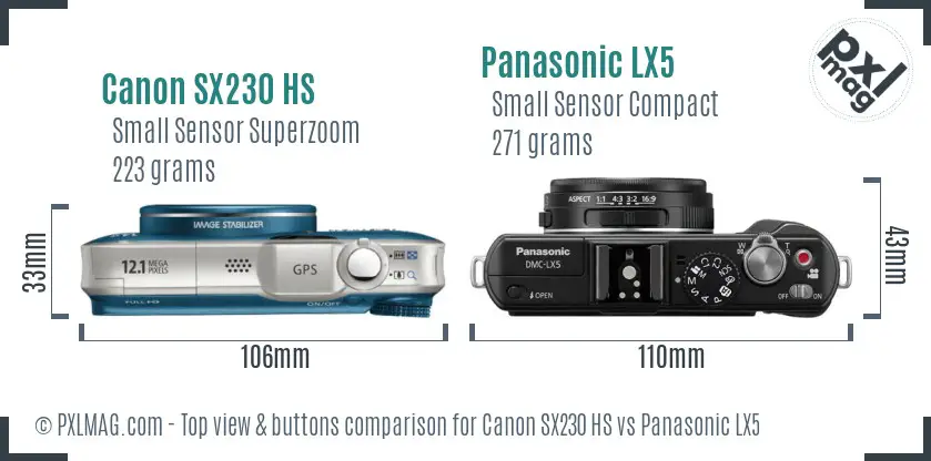 Canon SX230 HS vs Panasonic LX5 top view buttons comparison