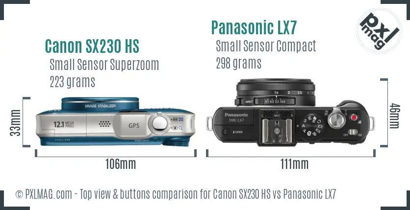 Canon SX230 HS vs Panasonic LX7 top view buttons comparison