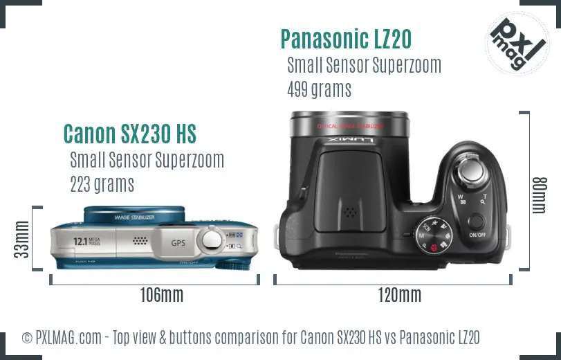 Canon SX230 HS vs Panasonic LZ20 top view buttons comparison