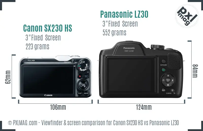 Canon SX230 HS vs Panasonic LZ30 Screen and Viewfinder comparison