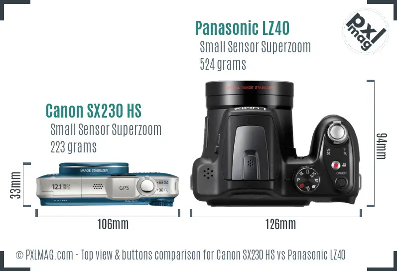 Canon SX230 HS vs Panasonic LZ40 top view buttons comparison Canon SX230 HS vs Panasonic LZ40 top view buttons comparison