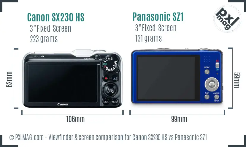 Canon SX230 HS vs Panasonic SZ1 Screen and Viewfinder comparison