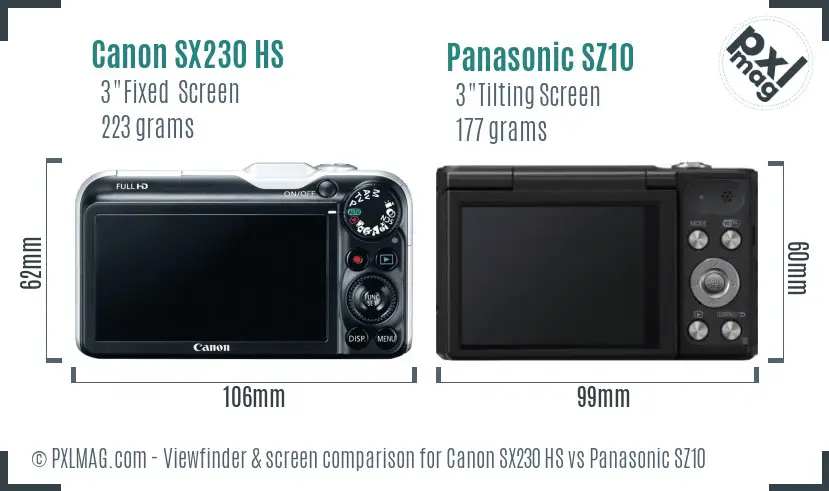 Canon SX230 HS vs Panasonic SZ10 Screen and Viewfinder comparison