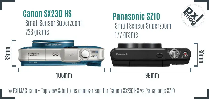 Canon SX230 HS vs Panasonic SZ10 top view buttons comparison