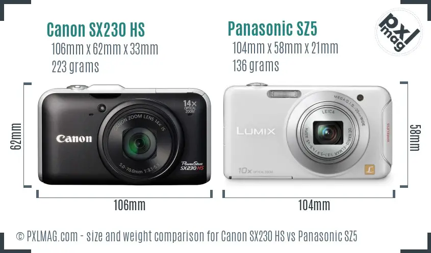 Canon SX230 HS vs Panasonic SZ5 size comparison Canon SX230 HS vs Panasonic SZ5 size comparison