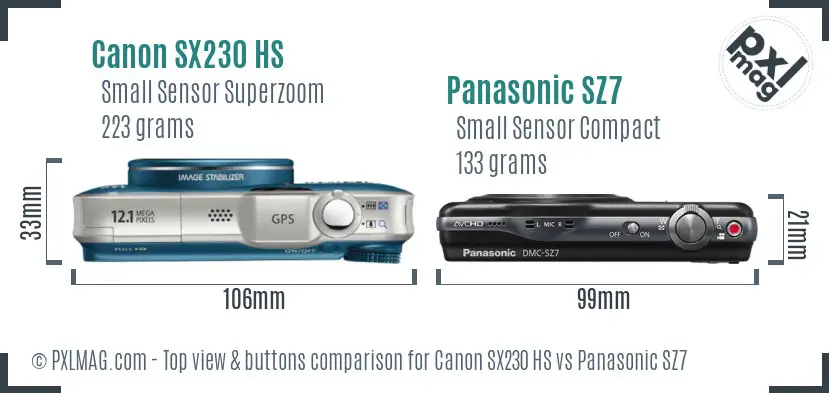 Canon SX230 HS vs Panasonic SZ7 top view buttons comparison