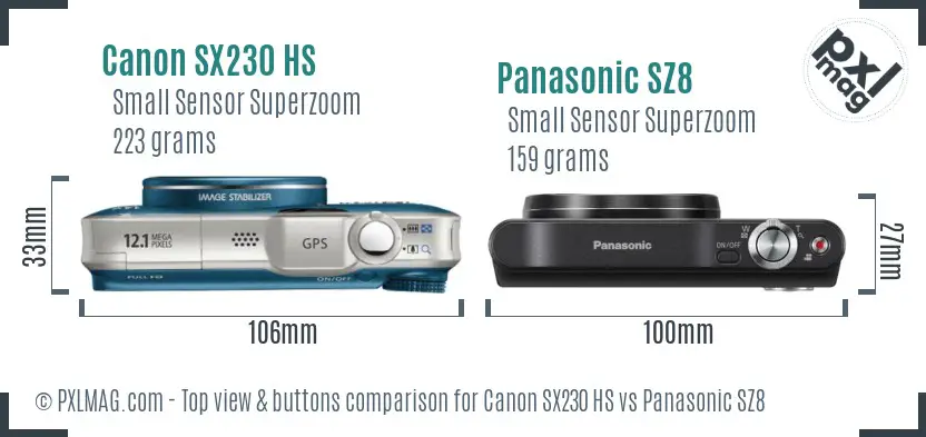 Canon SX230 HS vs Panasonic SZ8 top view buttons comparison Canon SX230 HS vs Panasonic SZ8 top view buttons comparison