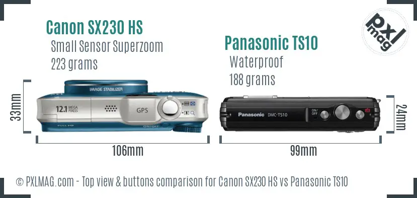 Canon SX230 HS vs Panasonic TS10 top view buttons comparison