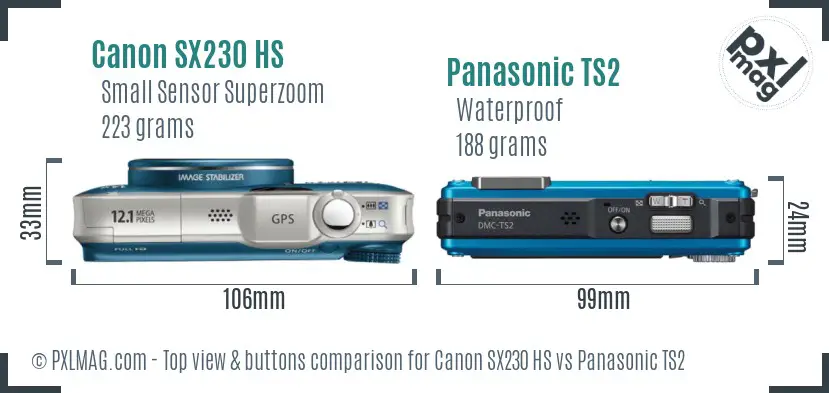 Canon SX230 HS vs Panasonic TS2 top view buttons comparison