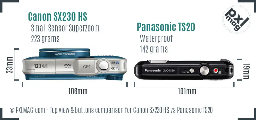 Canon SX230 HS vs Panasonic TS20 top view buttons comparison