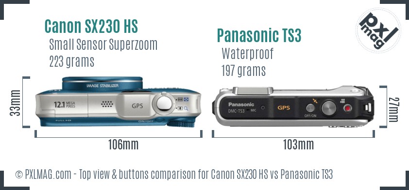 Canon SX230 HS vs Panasonic TS3 top view buttons comparison