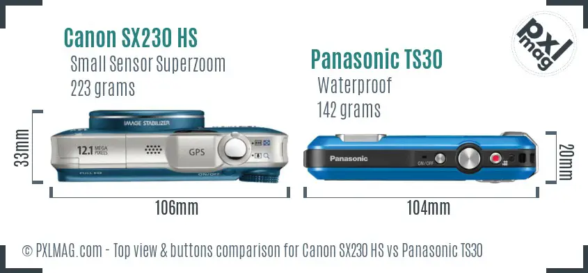 Canon SX230 HS vs Panasonic TS30 top view buttons comparison