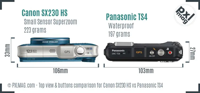 Canon SX230 HS vs Panasonic TS4 top view buttons comparison
