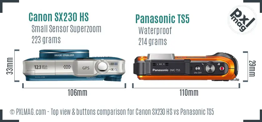 Canon SX230 HS vs Panasonic TS5 top view buttons comparison