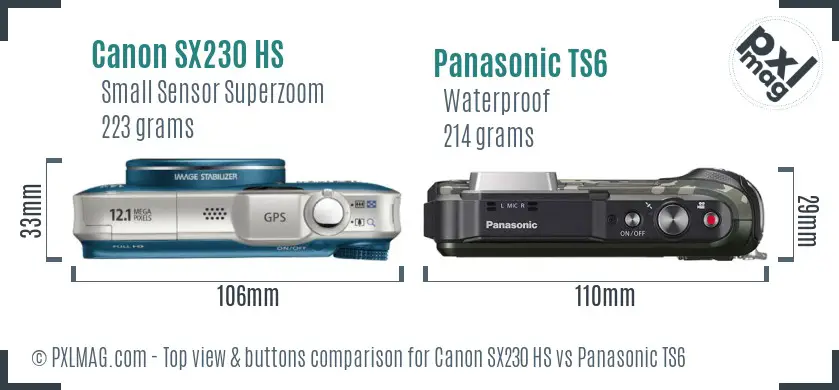 Canon SX230 HS vs Panasonic TS6 top view buttons comparison
