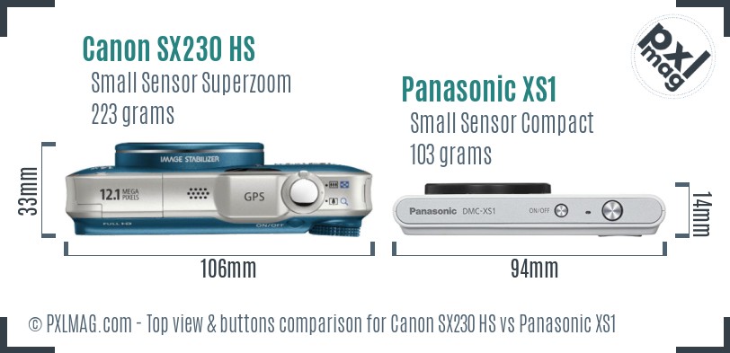 Canon SX230 HS vs Panasonic XS1 top view buttons comparison