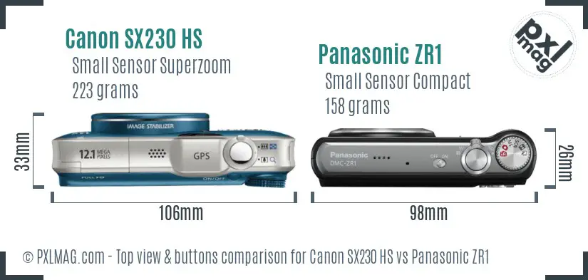 Canon SX230 HS vs Panasonic ZR1 top view buttons comparison