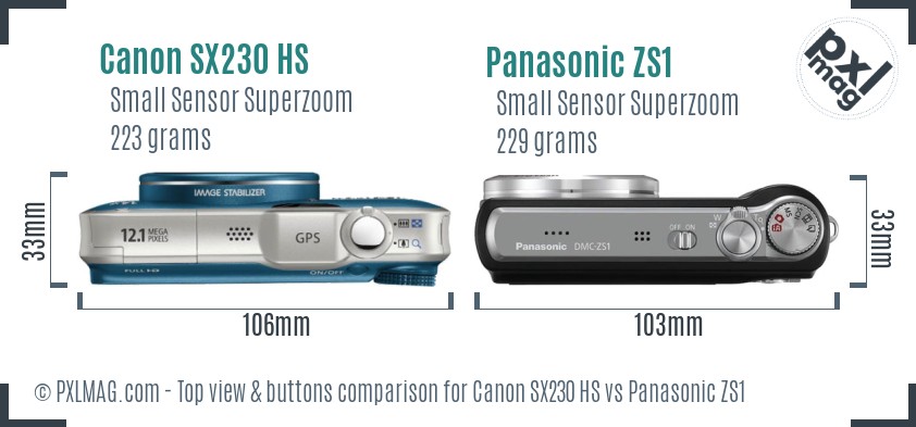 Canon SX230 HS vs Panasonic ZS1 top view buttons comparison