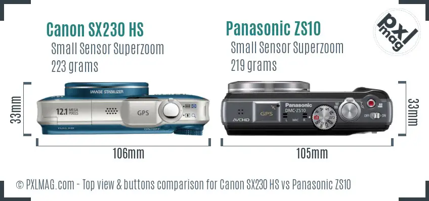 Canon SX230 HS vs Panasonic ZS10 top view buttons comparison
