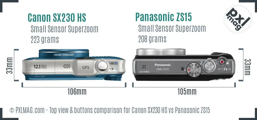 Canon SX230 HS vs Panasonic ZS15 top view buttons comparison