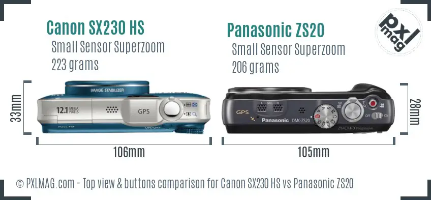 Canon SX230 HS vs Panasonic ZS20 top view buttons comparison