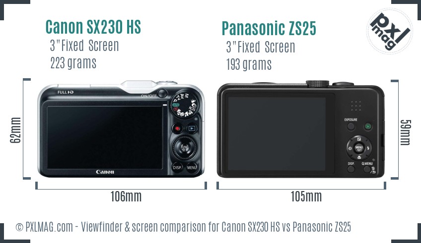 Canon SX230 HS vs Panasonic ZS25 Screen and Viewfinder comparison