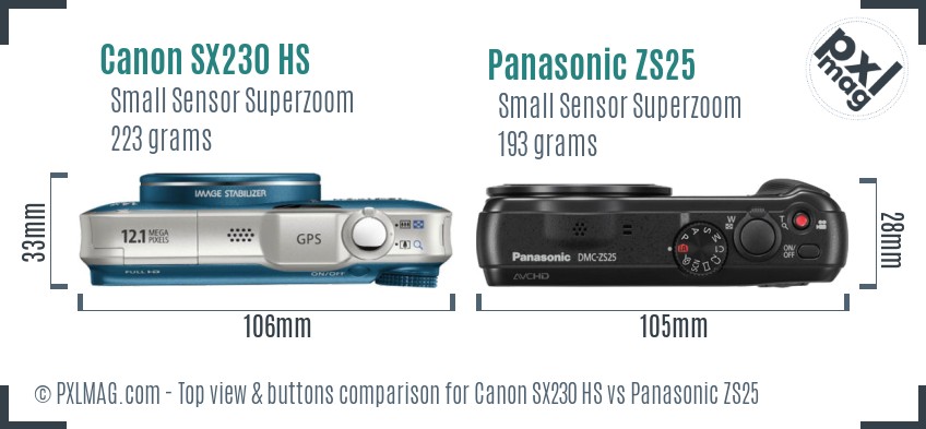 Canon SX230 HS vs Panasonic ZS25 top view buttons comparison