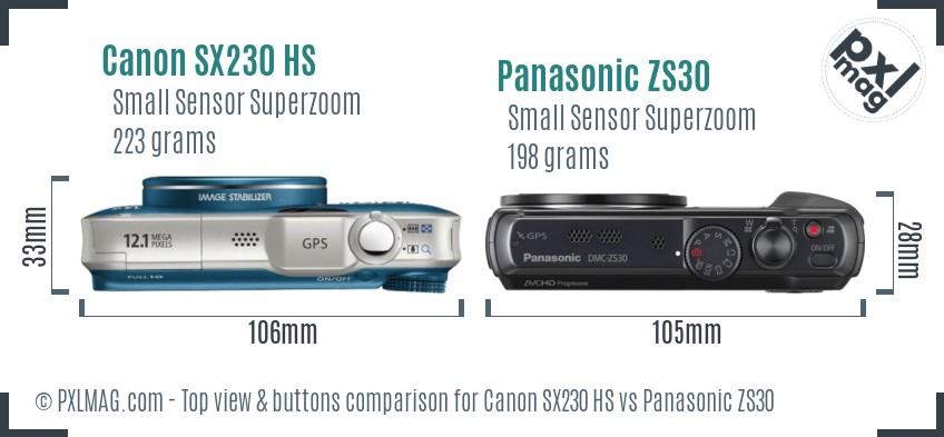Canon SX230 HS vs Panasonic ZS30 top view buttons comparison