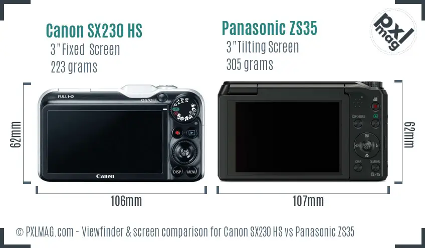 Canon SX230 HS vs Panasonic ZS35 Screen and Viewfinder comparison