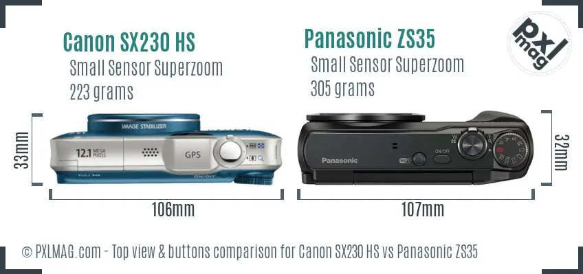 Canon SX230 HS vs Panasonic ZS35 top view buttons comparison