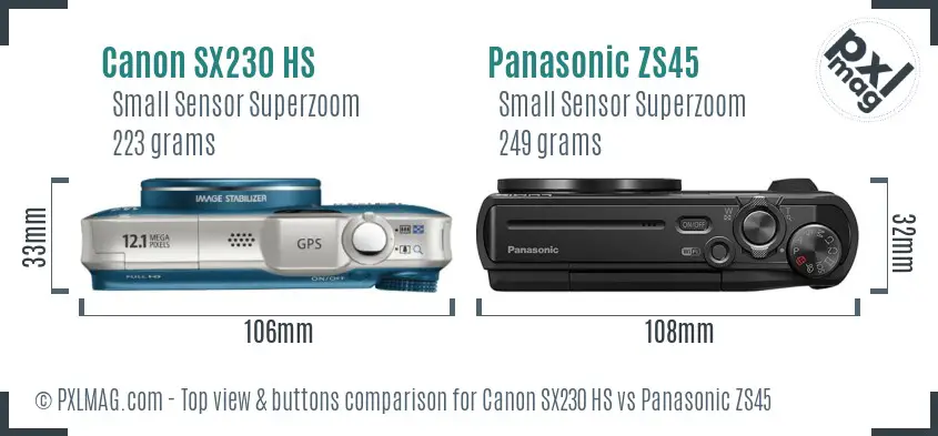Canon SX230 HS vs Panasonic ZS45 top view buttons comparison Canon SX230 HS vs Panasonic ZS45 top view buttons comparison