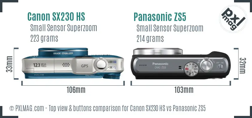 Canon SX230 HS vs Panasonic ZS5 top view buttons comparison