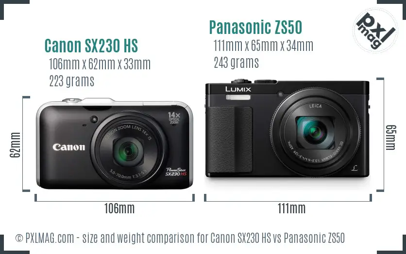Canon SX230 HS vs Panasonic ZS50 size comparison