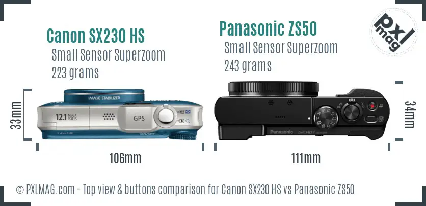 Canon SX230 HS vs Panasonic ZS50 top view buttons comparison