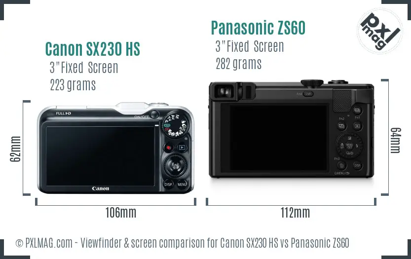 Canon SX230 HS vs Panasonic ZS60 Screen and Viewfinder comparison
