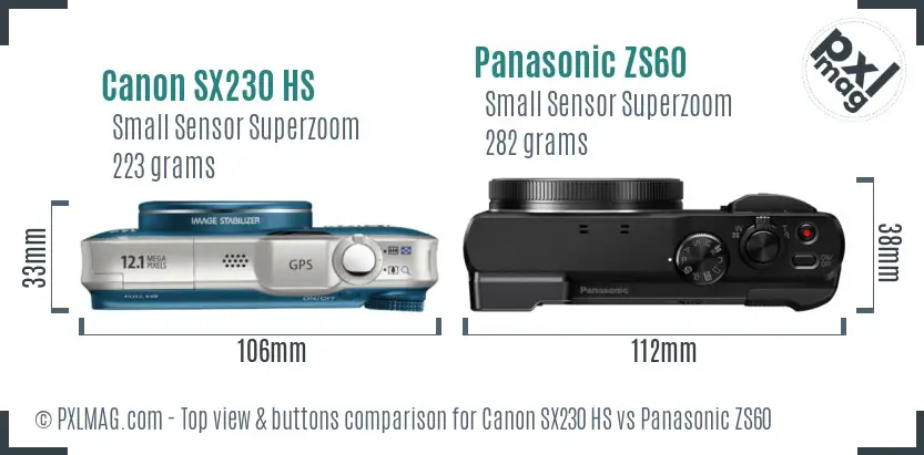 Canon SX230 HS vs Panasonic ZS60 top view buttons comparison