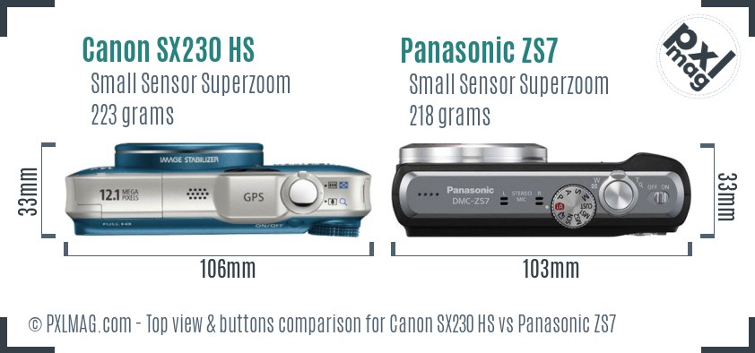 Canon SX230 HS vs Panasonic ZS7 top view buttons comparison