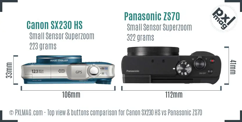 Canon SX230 HS vs Panasonic ZS70 top view buttons comparison