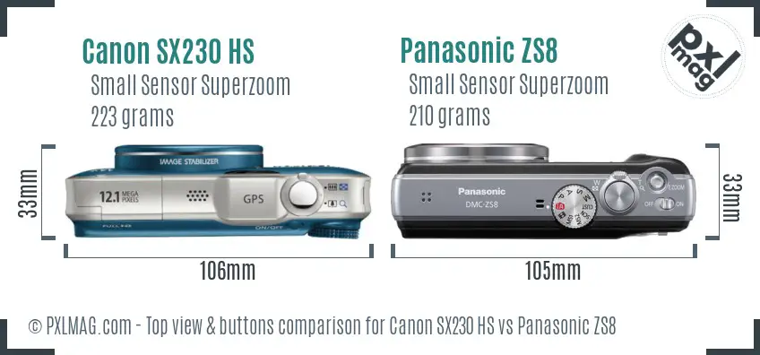 Canon SX230 HS vs Panasonic ZS8 top view buttons comparison